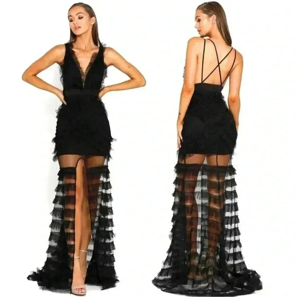 Portia and Scarlett PS1973 Black Ruffled Translucent Gown Size 4 - Picture 1 of 13